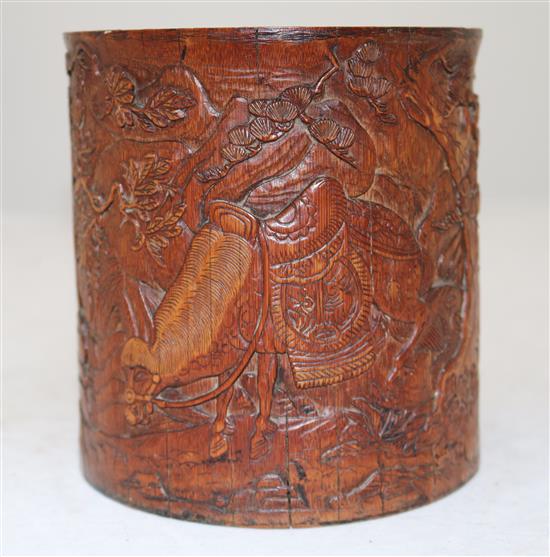 A Chinese bamboo brush pot, Bitong, 19th century, height 13.5cm, base panel lacking, age cracks